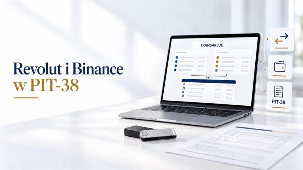 Okładka wpisu „Revolut i Binance w PIT-38” z laptopem pokazującym połączenie dwóch list transakcji w jedno zestawienie, portfelem sprzętowym i arkuszem.
