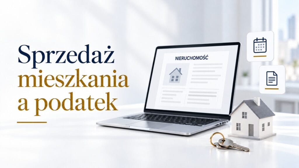 Okładka „Sprzedaż mieszkania a podatek” z laptopem, modelem domu, kluczami oraz ikonami kalendarza i dokumentu.