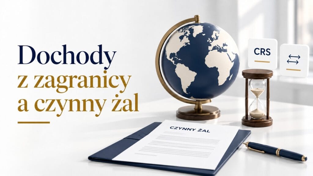Globus biurkowy, klepsydra i pismo „CZYNNY ŻAL” na granatowej teczce z piórem; karty CRS i wymiany danych; napis: Dochody z zagranicy a czynny żal.