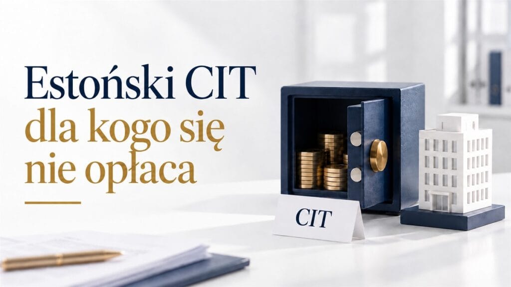 Otwarty granatowy sejf z monetami obok modelu biurowca i karty CIT; napis: Estoński CIT — dla kogo się nie opłaca.