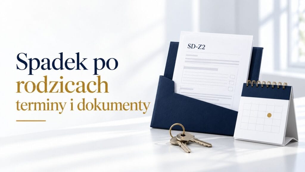 Granatowa teczka z dokumentem SD-Z2, klucze i kalendarz na jasnym biurku; po lewej napis „Spadek po rodzicach — terminy i dokumenty”.